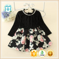 Meninas Floral vestido de manga longa vestido de noiva manga longa festa de noite preto maxi vestido de princesa com colar de contas